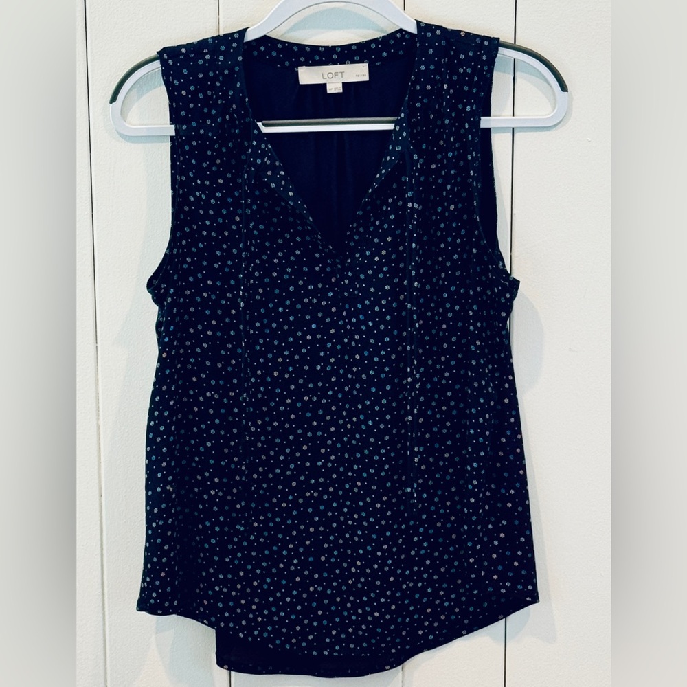 LOFT Navy Blue Delicate Floral Pattern Sleeveless Blouse, Size - Petite Medium